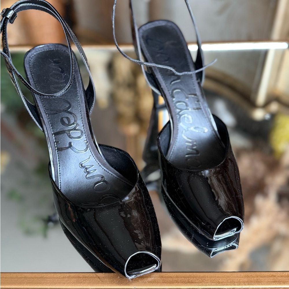 Sam Edelman Black Patent Peep-Toe Slingback Heels - Picture 5 of 12